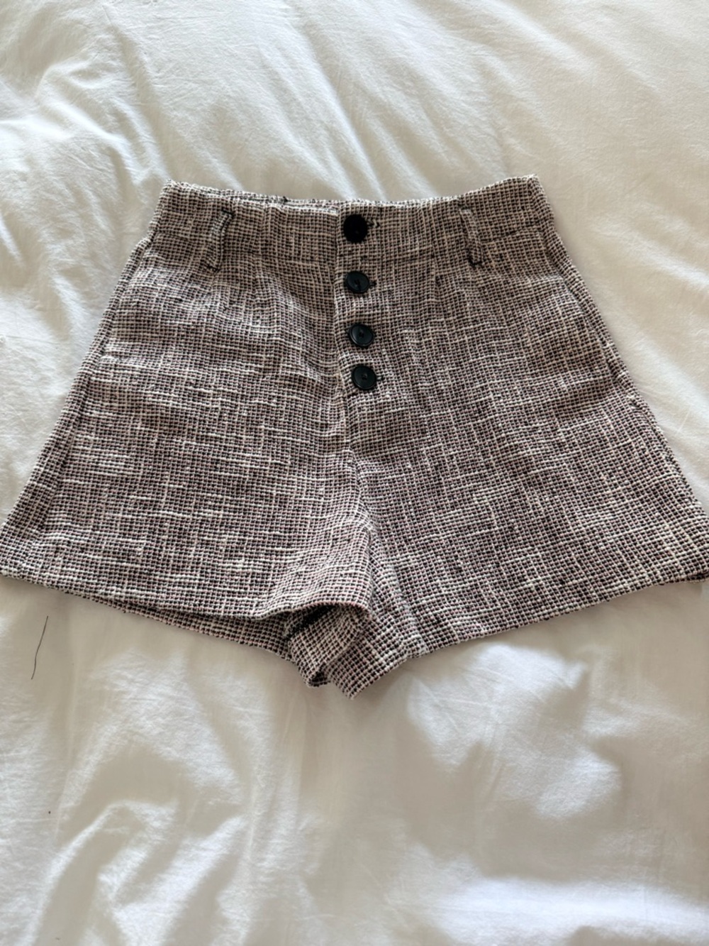Zara High-Waist Tweed Button-Front Shorts in Brown